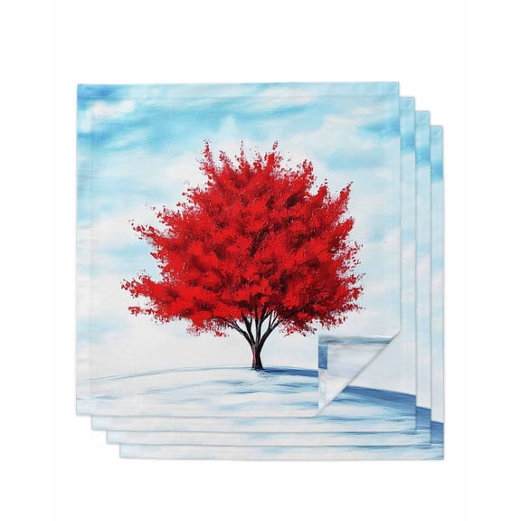 nqOlkjepod Red Tree Cloth Napkins Set of 4 Reusable Dinner Napkins, Blue Sky Landscape Retro Watercolor Cocktail Napkin Washable Table Napkins for Wedding/Holiday Party/Baby Shower 20"x20"