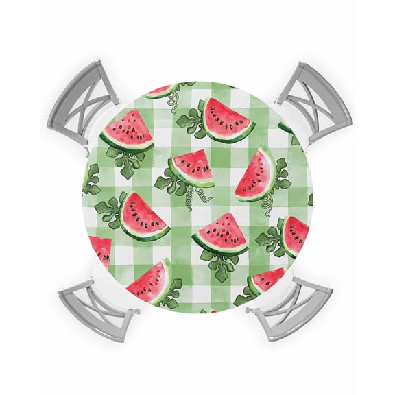 nqOlkjepod Red Watermelon Round Tablecloth, Fitted Table Cover with Elastic for 36"-44" Round Tables, Summer Leaves Green Plaid Farm Pastoral Table Cloth Outdoor Dinning Party Waterproof Tablecloths