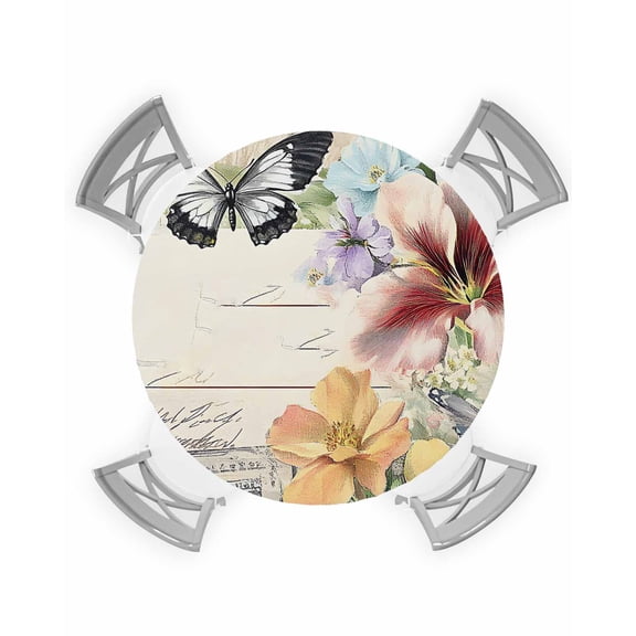 nqOlkjepod Retro Flowers Blossom Round Tablecloth, Fitted Table Cover with Elastic for 36"-44" Round Tables, Spring Summer Butterfly Botanical Table Cloth Dinning Party Waterproof Tablecloths