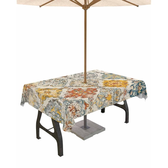 nqOlkjepod Retro Morocco Outdoor Tablecloth with Umbrella Hole & Zipper, Boho Shabby Abstract Geometric Aesthetic Rectangle Table Cover 60x102 Inch, Dining Waterproof Table Cloth Protector for Patio