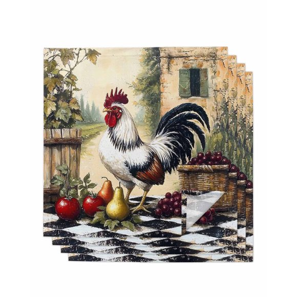 nqOlkjepod Retro Rooster Cloth Napkins Set of 4 Reusable Dinner Napkins, Pastoral Animals Plaid Cocktail Napkin Washable Table Napkins for Wedding/Holiday Party/Baby Shower 20"x20"