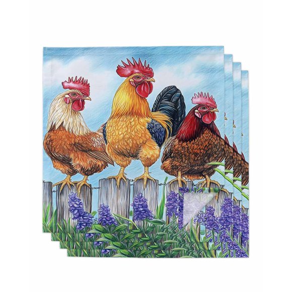 nqOlkjepod Retro Rooster Cloth Napkins Set of 4 Reusable Dinner Napkins, Spring Floral Farmhouse Animals Watercolor Cocktail Napkin Washable Table Napkins for Wedding/Party/Baby Shower 20"x20"
