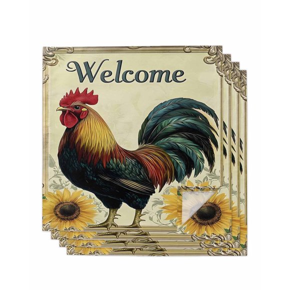 nqOlkjepod Retro Rooster Cloth Napkins Set of 4 Reusable Dinner Napkins, Watercolor Sunflower Pastoral Animals Cocktail Napkin Washable Table Napkins for Wedding/Holiday Party/Baby Shower 20"x20"