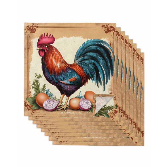 nqOlkjepod Retro Rooster Cloth Napkins Set of 8 Reusable Dinner Napkins, Farmhouse Vintage Summer Botanical Cocktail Napkin Washable Table Napkins for Wedding/Holiday Party/Baby Shower 20"x20"