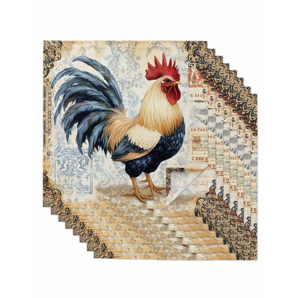 nqOlkjepod Retro Rooster Cloth Napkins Set of 8 Reusable Dinner Napkins, Watercolor Pastoral Animals Botanical Cocktail Napkin Washable Table Napkins for Wedding/Holiday Party/Baby Shower 20"x20"