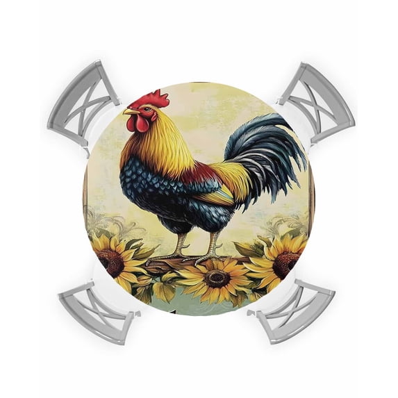 nqOlkjepod Retro Rooster Round Tablecloth, Fitted Table Cover with Elastic for 45"-54" Round Tables, Sunflower Watercolor Animals Table Cloth Outdoor Indoor Dinning Party Waterproof Tablecloths