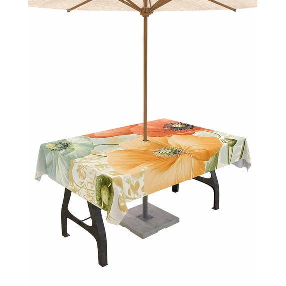nqOlkjepod Retro Spring Floral Outdoor Tablecloth with Umbrella Hole & Zipper, Watercolor Farmhouse Summer Flowers Rectangle Table Cover 52x70 Inch, Dining Waterproof Table Cloth Protector for Patio