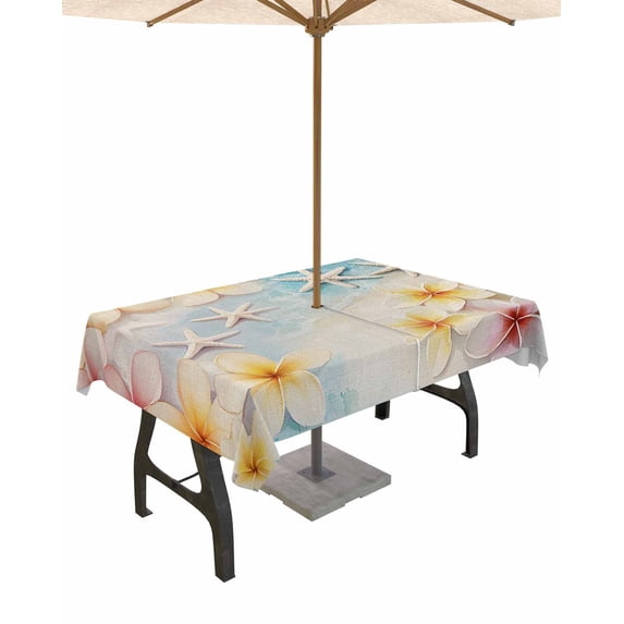 nqOlkjepod Retro Summer Beach Outdoor Tablecloth with Umbrella Hole & Zipper, Flowers Ocean Starfish Coastal Rectangle Table Cover 52x70 Inch, Dining Waterproof Table Cloth Protector for Patio/Party