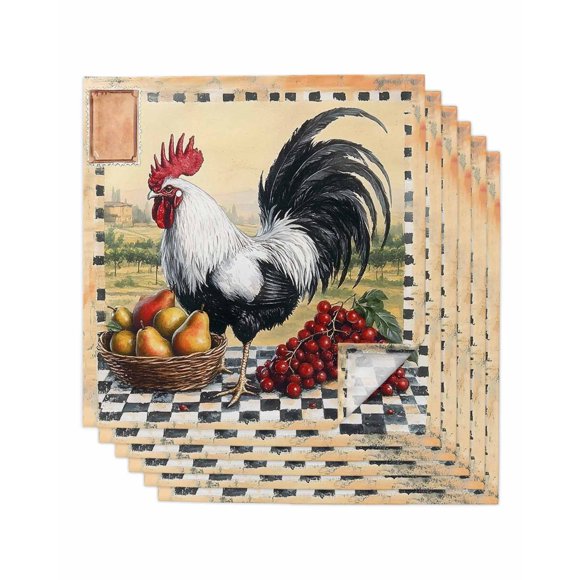 nqOlkjepod Rooster Cloth Napkins Set of 6 Reusable Dinner Napkins, Vintage Pastoral Animals Watercolor Cocktail Napkin Washable Table Napkins for Wedding/Holiday Party/Baby Shower 20"x20"