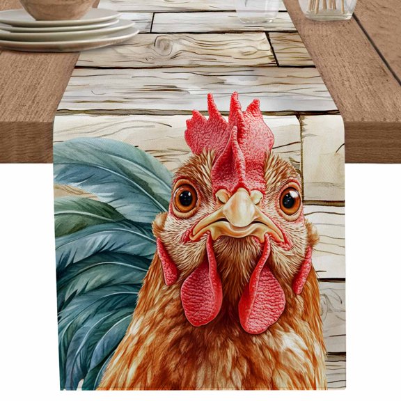 nqOlkjepod Rooster Feather Table Runner 48 Inches Long Farmhouse Dress Scarves, Farmhouse Vintage Wooden Grain Dining Tablerunner for Coffee Table/Kitchen Island/Party Décor, 13" x 48"