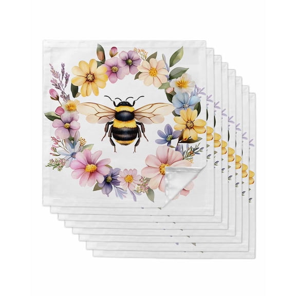 nqOlkjepod Rustic Bee Garland Cloth Napkins Set of 8 Reusable Dinner Napkins, Spring Watercolor Flowers Cocktail Napkin Washable Table Napkins for Wedding/Holiday Party/Baby Shower 20"x20"