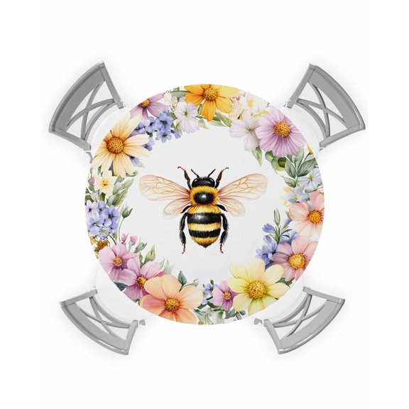 nqOlkjepod Rustic Bee Wreath Round Tablecloth, Fitted Table Cover with Elastic for 36"-44" Round Tables, Spring Farmhouse Flowers Watercolor Table Cloth Outdoor Dinning Party Waterproof Tablecloths