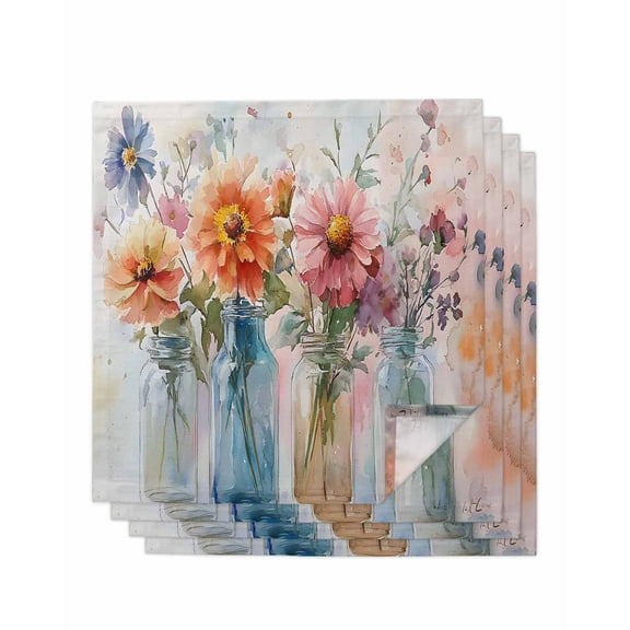 nqOlkjepod Rustic Flowers Cloth Napkins Set of 4 Reusable Dinner Napkins, Spring Colorful Botanical Bottle Floral Cocktail Napkin Washable Table Napkins for Wedding/Holiday Party/Baby Shower 20"x20"