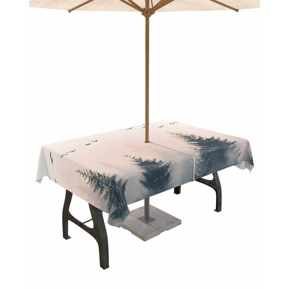 nqOlkjepod Rustic Foggy Forest Outdoor Tablecloth with Umbrella Hole & Zipper, Watercolor Trees Birds Landscape Rectangle Table Cover 60x84 Inch, Dining Waterproof Table Cloth Protector for Patio