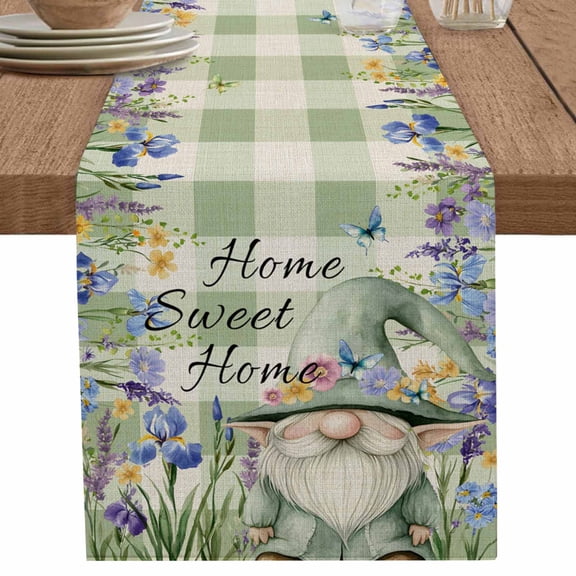nqOlkjepod Rustic Gnome Table Runner 36 Inches Long Farmhouse Dress Scarves, Spring Flowers Butterfly Green Check Dining Tablerunner for Coffee Table/Kitchen Island/Party Décor, Small 13" x 36"
