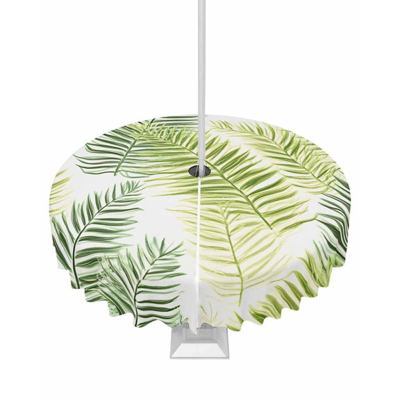 nqOlkjepod Sage Green Leaves Outdoor Tablecloth with Umbrella Hole & Zipper, Summer Botanical Palm Leaf Round Table Cover 54 Inch, Dining Waterproof Table Cloth Protector for Patio/Party/Picnic