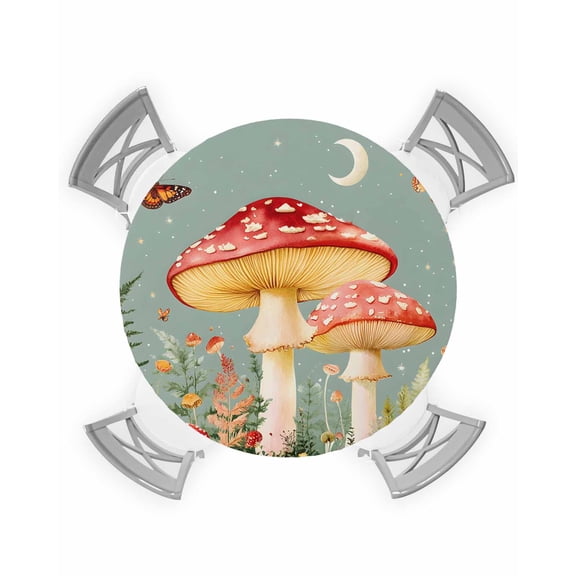 nqOlkjepod Sage Green Mushroom Round Tablecloth, Fitted Table Cover with Elastic for 36"-44" Round Tables, Moon Spring Summer Floral Botanical Table Cloth Dinning Party Waterproof Tablecloths