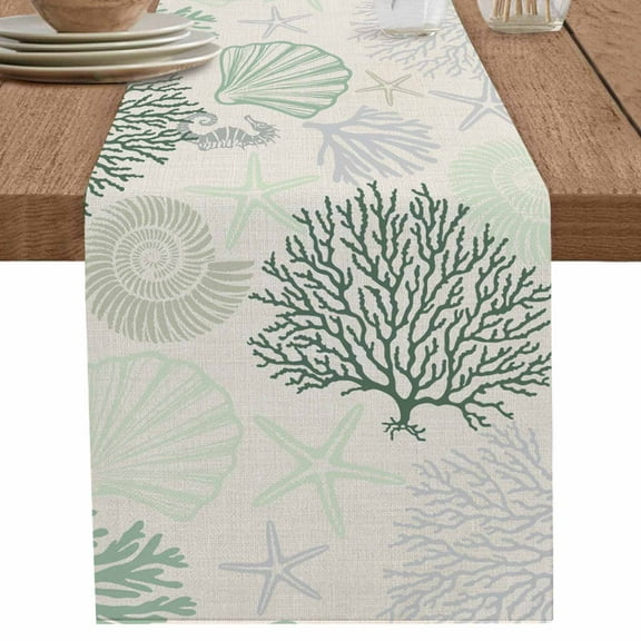 nqOlkjepod Sage Green Ocean Table Runner 90 Inches Long Farmhouse Dress Scarves, Coastal Grey Coral Starfish Shell Dining Tablerunner for Coffee Table/Kitchen Island/Party Décor, 13" x 90"