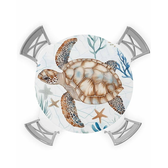 nqOlkjepod Sea Turtle Coastal Round Tablecloth, Fitted Table Cover with Elastic for 55"-60" Round Tables, Summer Beach Nautical Coral Table Cloth Outdoor Indoor Dinning Party Waterproof Tablecloths
