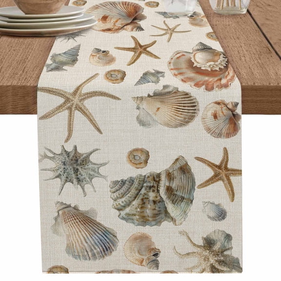 nqOlkjepod Seashell Coastal Table Runner 60 Inches Long Farmhouse Dress Scarves, Summer Beach Ocean Starfish Burlap Dining Tablerunner for Coffee Table/Kitchen Island/Party Décor, 13" x 60"