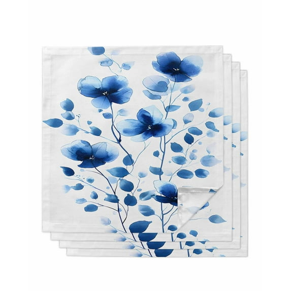 nqOlkjepod Seasonal Botanical Blooms Cloth Napkins Set of 4 Reusable Dinner Napkins, Blue Floral Watercolor Cocktail Napkin Washable Table Napkins for Wedding/Holiday Party/Baby Shower 20"x20"