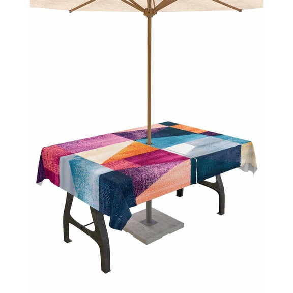 nqOlkjepod Shabby Geometric Outdoor Tablecloth with Umbrella Hole & Zipper, Abstract Art Modern Rhombus Rectangle Table Cover 52x70 Inch, Dining Waterproof Table Cloth Protector for Patio/Party