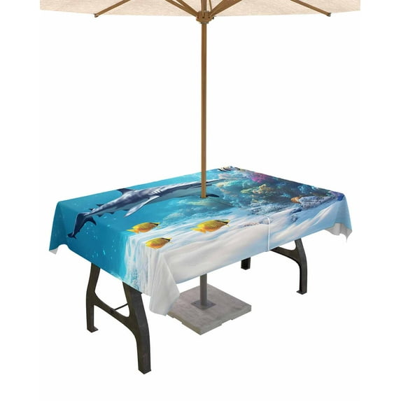 nqOlkjepod Shark Coastal Outdoor Tablecloth with Umbrella Hole & Zipper, Summer Beach Coral Ocean Nautical Rectangle Table Cover 60x102 Inch, Dining Waterproof Table Cloth Protector for Patio/Party