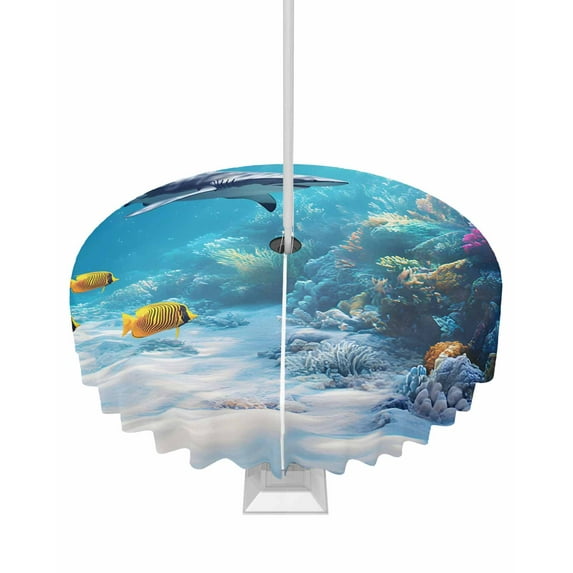 nqOlkjepod Shark Coastal Outdoor Tablecloth with Umbrella Hole & Zipper, Summer Beach Coral Ocean Nautical Round Table Cover 60 Inch, Dining Waterproof Table Cloth Protector for Patio/Party/Picnic