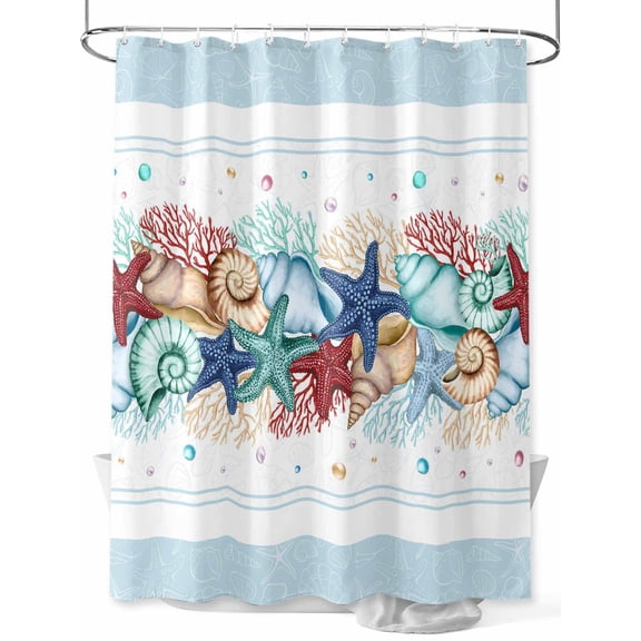 nqOlkjepod Sky Blue Ocean Starfish Shower Curtain, Waterproof Shower Curtains for Bathroom, Summer Coastal Coral Conch Washable Fabric Bathtub Curtain Set Bath Decor with 12 Hooks 48"x72"