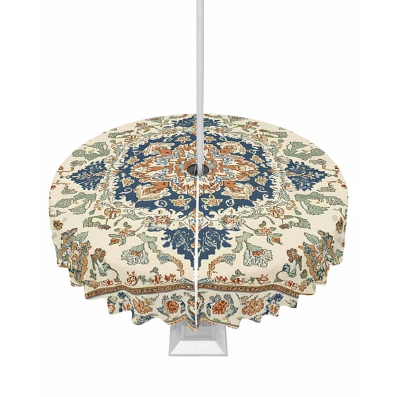 nqOlkjepod Southwestern Outdoor Tablecloth with Umbrella Hole & Zipper, Heritage Antique Boho-Chic Country Round Table Cover 60 Inch, Dining Waterproof Table Cloth Protector for Patio/Party/Picnic