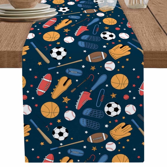 nqOlkjepod Sports Theme Table Runner 48 Inches Long Farmhouse Dress Scarves, Cartoon Soccer Baseball Basketball Star Blue Dining Tablerunner for Coffee Table/Kitchen Island/Party Décor, 13" x 48"