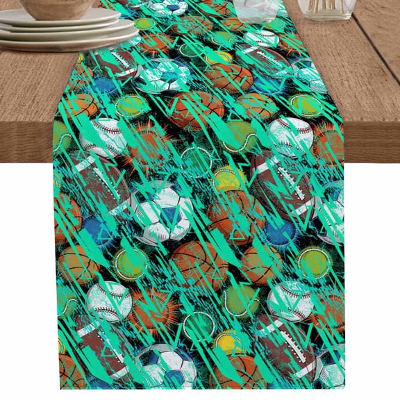 nqOlkjepod Sports Theme Table Runner 48 Inches Long Farmhouse Dress Scarves, Funny Abstract Football Rugby Basketball Dining Tablerunner for Coffee Table/Kitchen Island/Party Décor, 13" x 48"