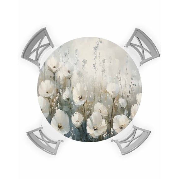 nqOlkjepod Spring Botanical Round Tablecloth, Fitted Table Cover with Elastic for 36"-44" Round Tables, Abstract Oil Painting White Floral Plant Table Cloth Dinning Party Waterproof Tablecloths