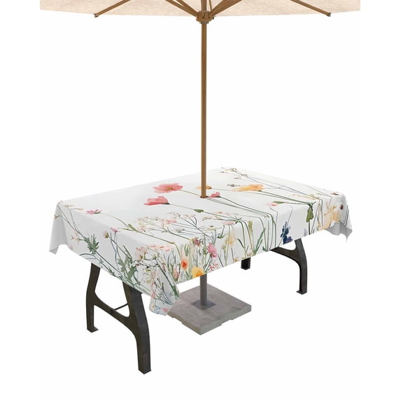 nqOlkjepod Spring Floral Botanical Outdoor Tablecloth with Umbrella Hole & Zipper, Farmhouse Flowers Rectangle Table Cover 52x70 Inch, Dining Waterproof Table Cloth Protector for Patio/Party/Picnic