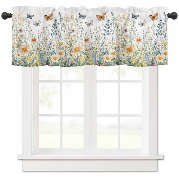 nqOlkjepod Spring Floral Farmhouse Short Window Curtain Valances, Butterfly Summer Botanical Watercolor Flowers Rod Pocket Kitchen Valances for Living Room Bedroom Bathroom Cafe, 1 Panel - 42" x 12"