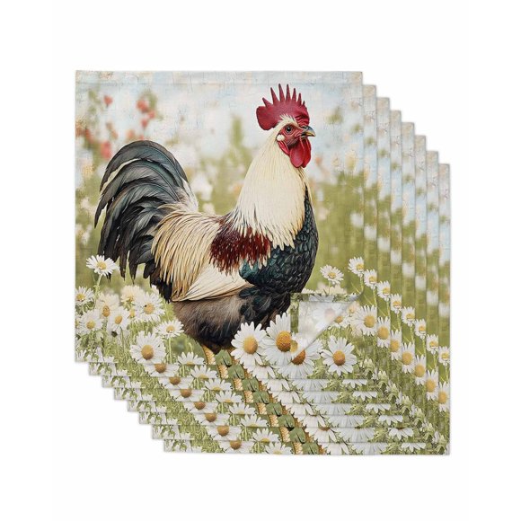 nqOlkjepod Spring Floral Rooster Cloth Napkins Set of 8 Reusable Dinner Napkins, Vintage Rooster Pastoral Cocktail Napkin Washable Table Napkins for Wedding/Holiday Party/Baby Shower 20"x20"