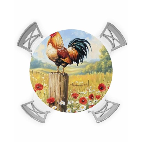 nqOlkjepod Spring Floral Rooster Round Tablecloth, Fitted Table Cover with Elastic for 36"-44" Round Tables, Retro Rooster Farmhouse Table Cloth Outdoor Indoor Dinning Party Waterproof Tablecloths