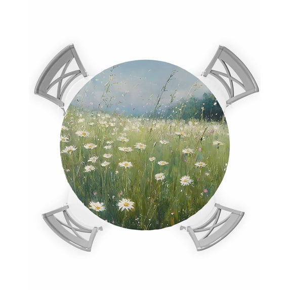 nqOlkjepod Spring Floral Round Tablecloth, Fitted Table Cover with Elastic for 55"-60" Round Tables, Whit Green Botanical Modern Oil Painting Table Cloth Outdoor Dinning Party Waterproof Tablecloths