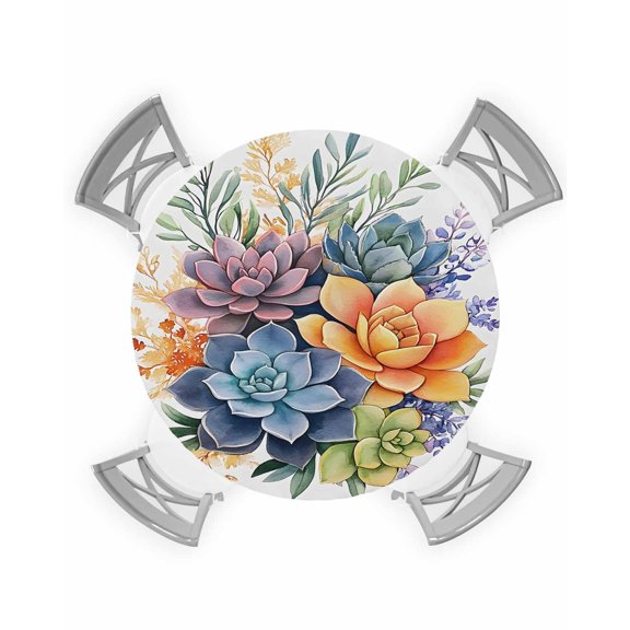 nqOlkjepod Spring Floral Succulents Round Tablecloth, Fitted Table Cover with Elastic for 36"-44" Round Tables, Summer Watercolor Botanical Flowers Table Cloth Dinning Party Waterproof Tablecloths