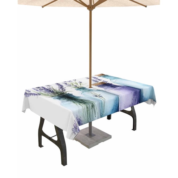 nqOlkjepod Spring Lavender Outdoor Tablecloth with Umbrella Hole & Zipper, Botanical Watercolor Purple Flower Vase Rectangle Table Cover 54x80 Inch, Dining Waterproof Table Cloth Protector for Patio