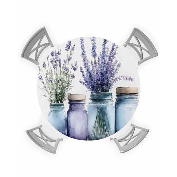 nqOlkjepod Spring Lavender Round Tablecloth, Fitted Table Cover with Elastic for 36"-44" Round Tables, Botanical Watercolor Purple Floral Vase Table Cloth Dinning Party Waterproof Tablecloths