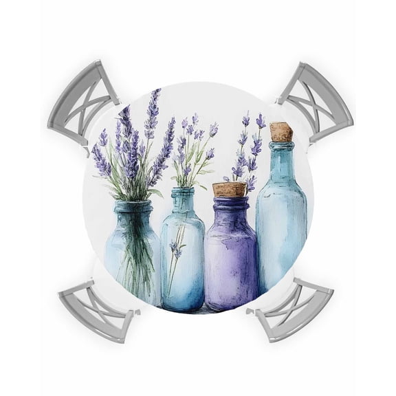 nqOlkjepod Spring Lavender Round Tablecloth, Fitted Table Cover with Elastic for 36"-44" Round Tables, Botanical Watercolor Purple Flower Vase Table Cloth Dinning Party Waterproof Tablecloths