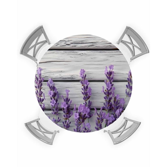 nqOlkjepod Spring Lavender Round Tablecloth, Fitted Table Cover with Elastic for 55"-60" Round Tables, Botanical Purple Floral Vintage Wood Grain Table Cloth Dinning Party Waterproof Tablecloths