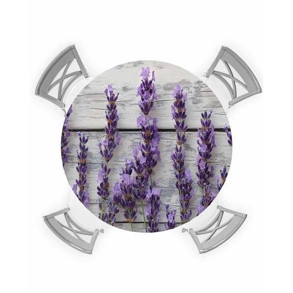 nqOlkjepod Spring Purple Floral Round Tablecloth, Fitted Table Cover with Elastic for 36"-44" Round Tables, Botanical Lavender Flower Wood Grain Table Cloth Dinning Party Waterproof Tablecloths