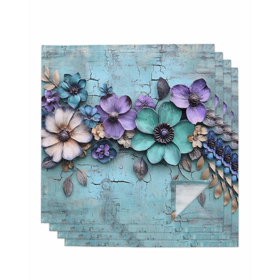 nqOlkjepod Spring Purple Flowers Cloth Napkins Set of 4 Reusable Dinner Napkins, Floral Mottled Teal Wall Retro Cocktail Napkin Washable Table Napkins for Wedding/Holiday Party/Baby Shower 20"x20"