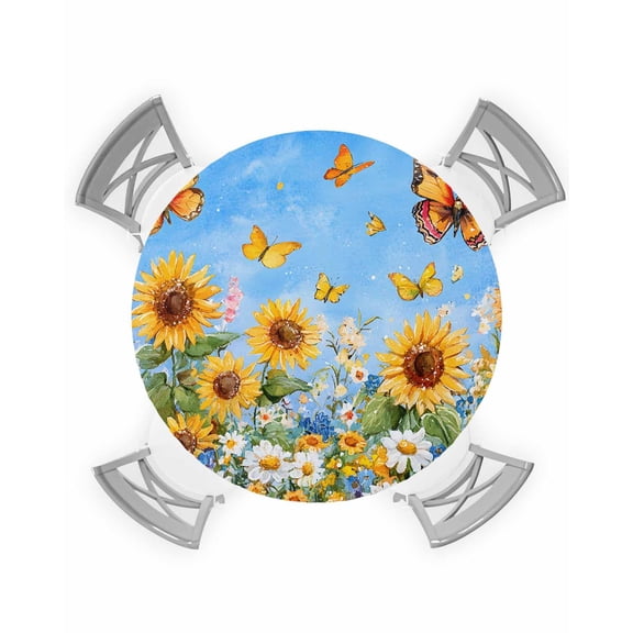 nqOlkjepod Spring Sunflower Daisy Round Tablecloth, Fitted Table Cover with Elastic for 36"-44" Round Tables, Yellow Butterfly Retro Oil Painting Table Cloth Dinning Party Waterproof Tablecloths