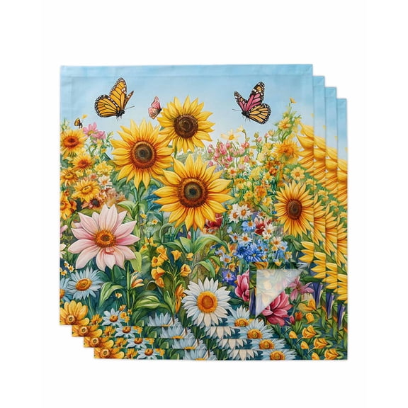 nqOlkjepod Spring Yellow Sunflower Cloth Napkins Set of 4 Reusable Dinner Napkins, Butterfly Floral Daisy Country Cocktail Napkin Washable Table Napkins for Wedding/Holiday Party/Baby Shower 20"x20"