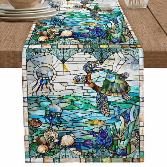 nqOlkjepod Stained Glass Sea Turtle Table Runner 120 Inches Long Farmhouse Dress Scarves, Summer Coastal Ocean Jellyfish Dining Tablerunner for Coffee Table/Kitchen Island/Party Décor, 13" x 120"