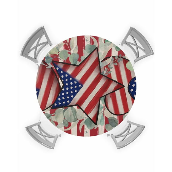 nqOlkjepod Stars Stripes Flag Round Tablecloth, Fitted Table Cover with Elastic for 36"-44" Round Tables, Independence Day Eucalyptus Leaf Table Cloth Outdoor Dinning Party Waterproof Tablecloths