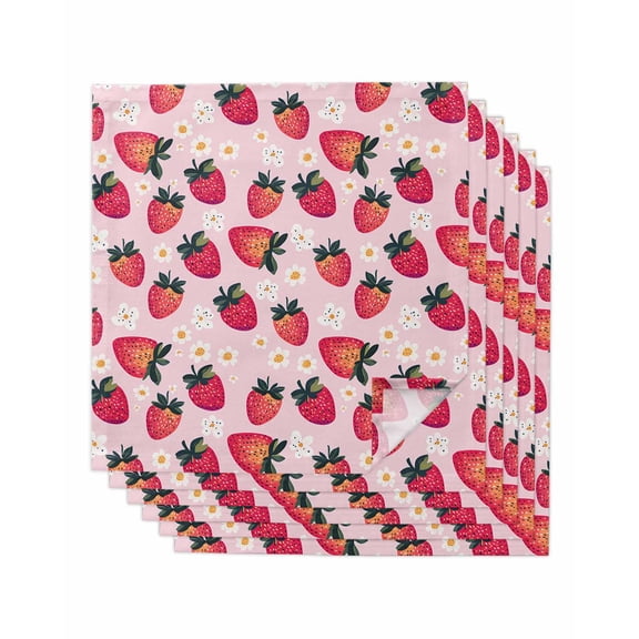 nqOlkjepod Strawberry Cloth Napkins Set of 6 Reusable Dinner Napkins, Pink Spring Summer Rustic Floral Fruit Cocktail Napkin Washable Table Napkins for Wedding/Holiday Party/Baby Shower 20"x20"